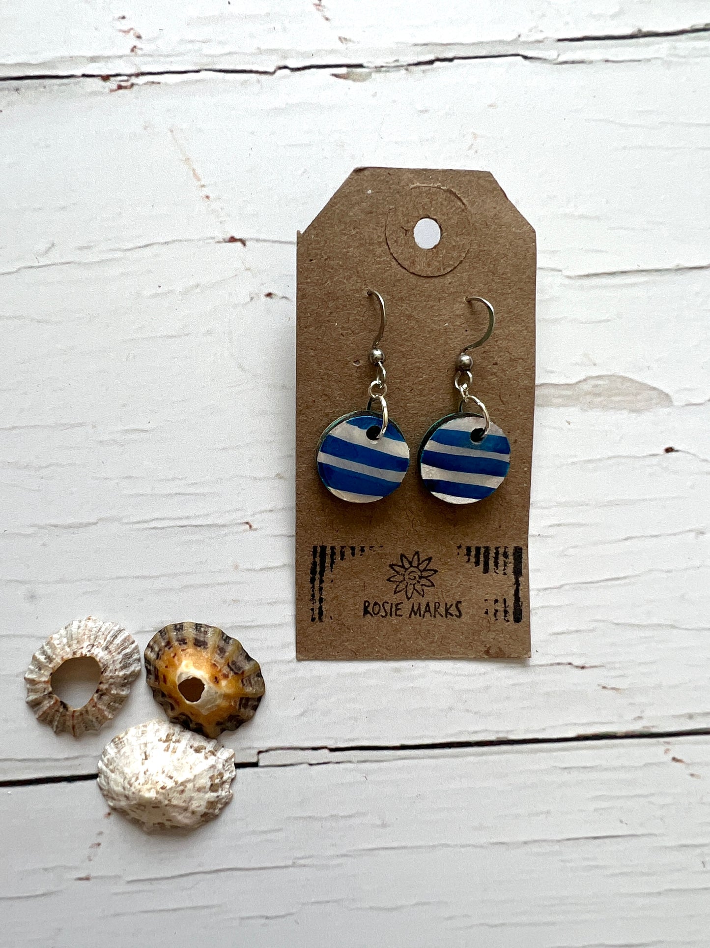 Small Blue and painted wood & resin cornish stripe earrings