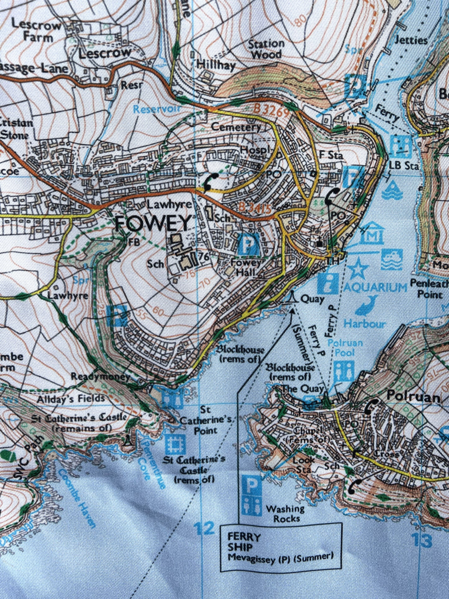 Fowey & Polruan map tea towel detail