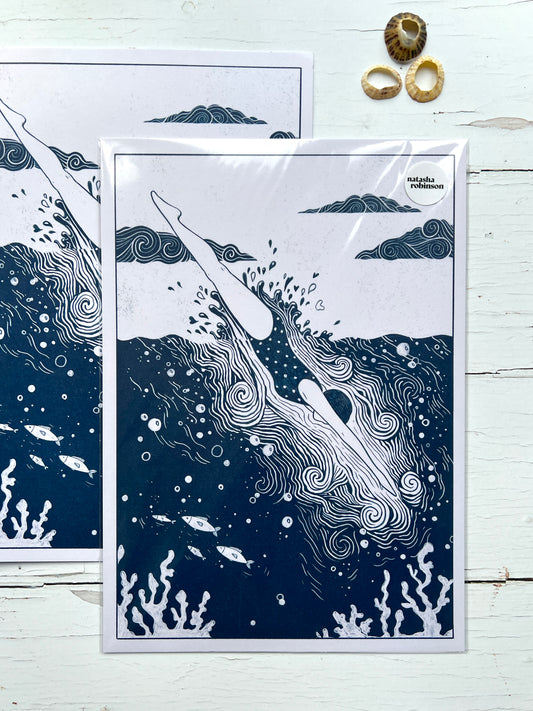 Into the Deep A4 Wild Swimming Art Print