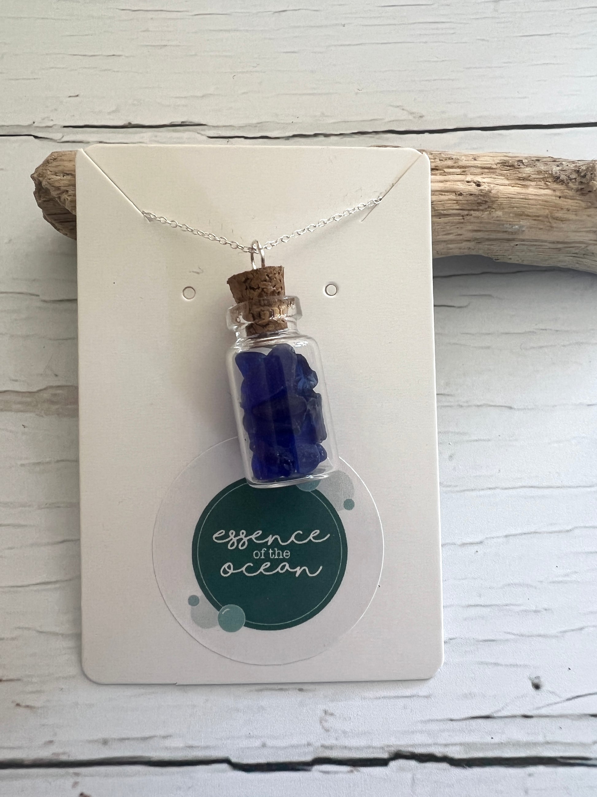 Cornish seaglass in a bottle necklace, blue