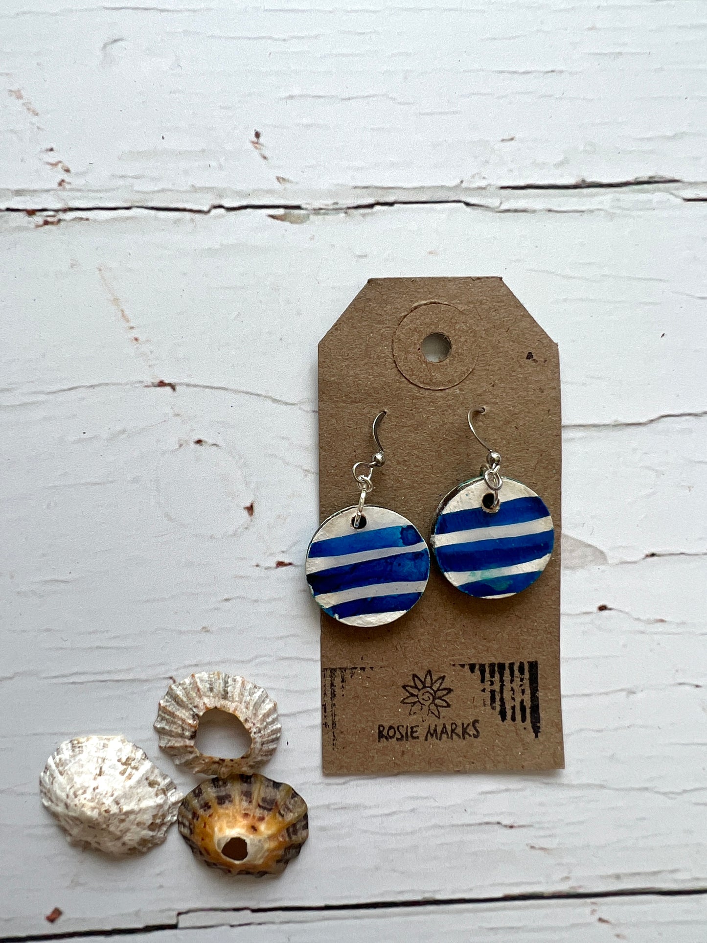 blue hand painted wood & resin cornish stripe earrings