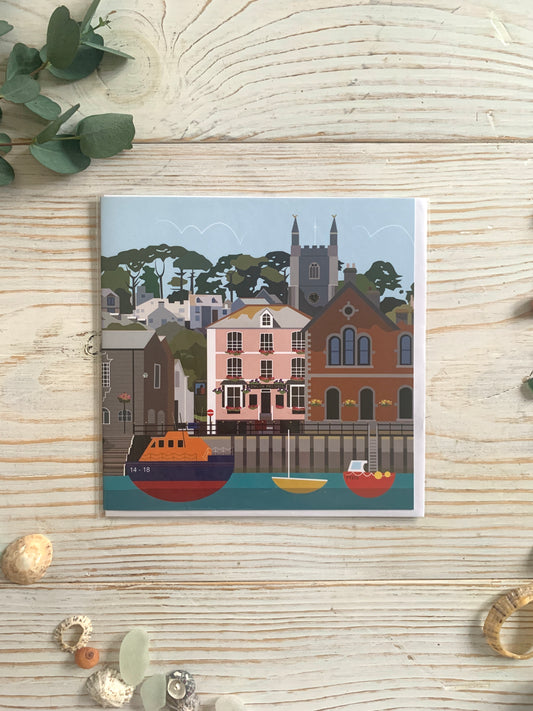 Colourful greetings card of Fowey Town Quay