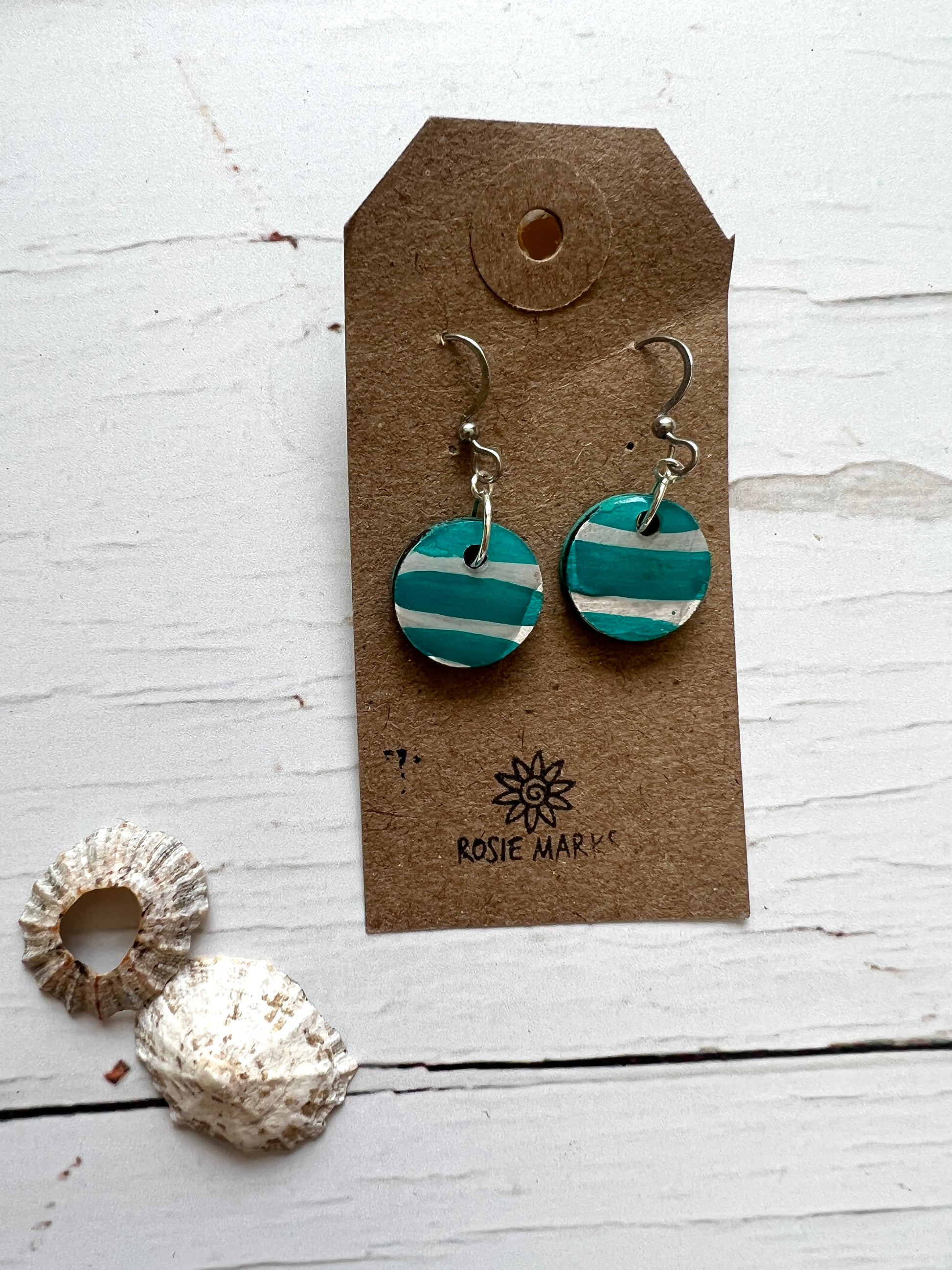 Small turquoise hand painted wood & resin cornish stripe earrings