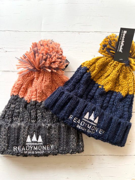 chunky two tone Readymoney Beach Shop cable knit bobble hat