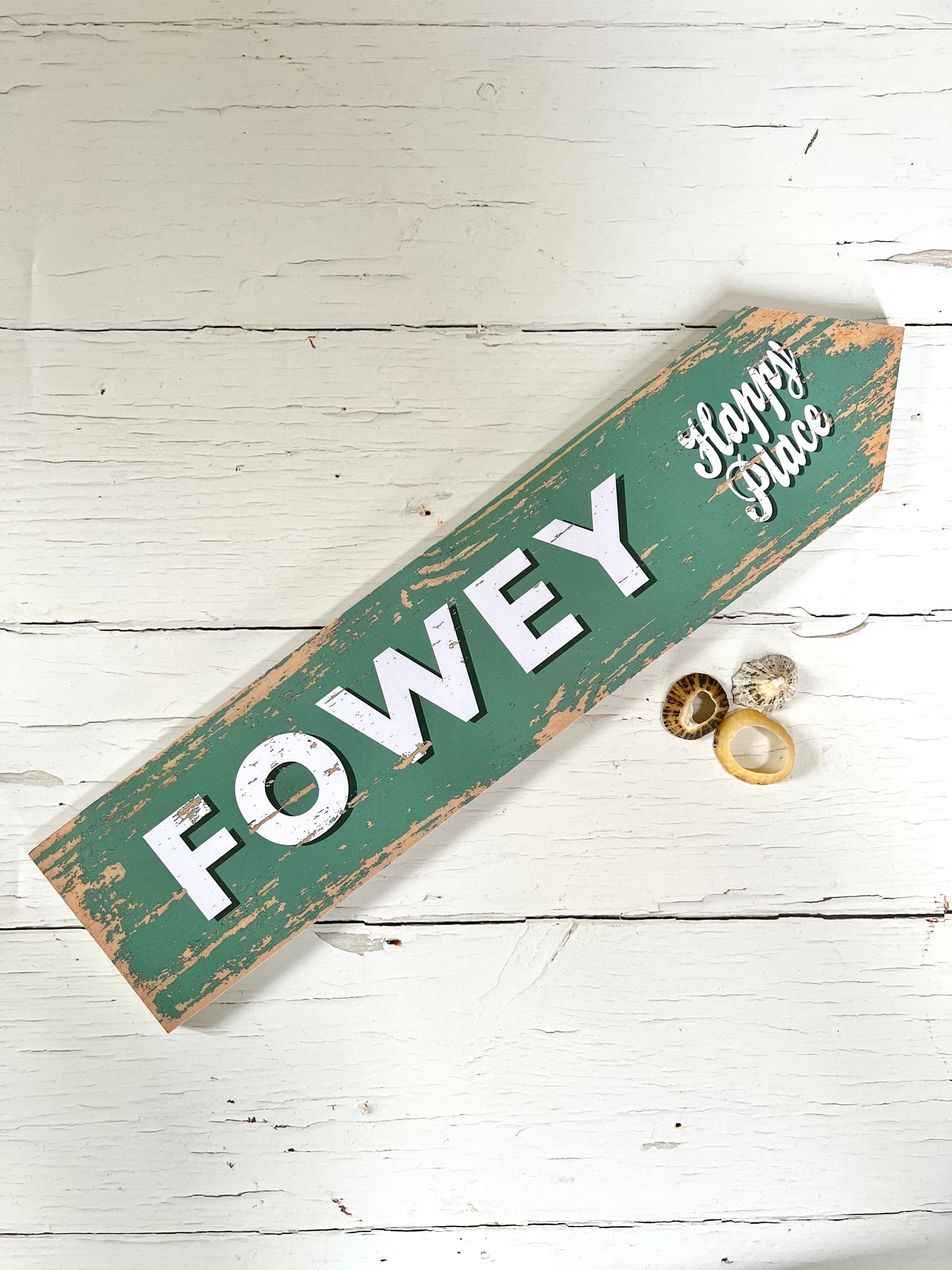 Fowey Happy Place directional arrow sign in green