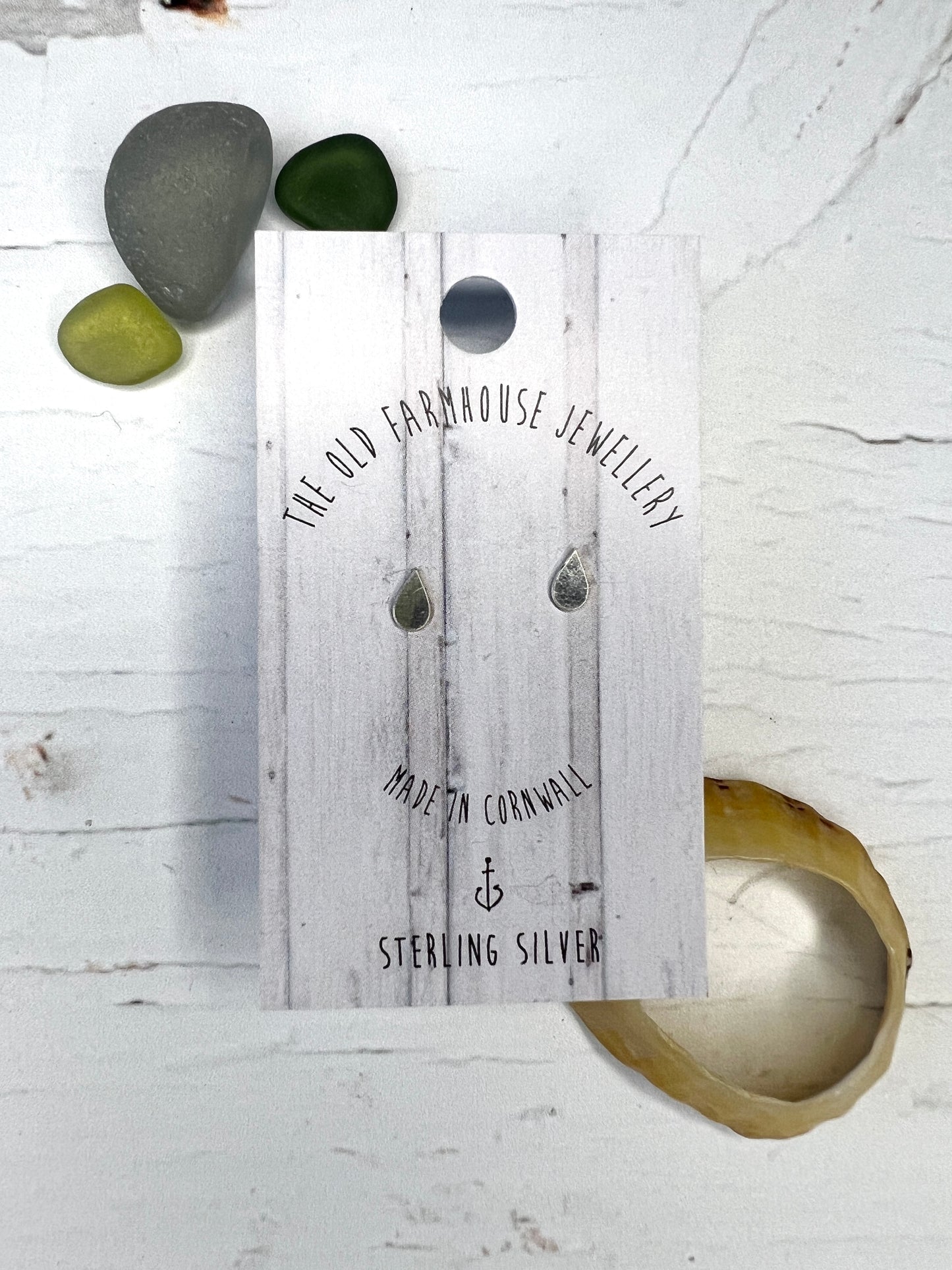 mini droplet sterling silver stud earrings tiny, geometric, handmade cornwall jewelry minimalist everyday accessory