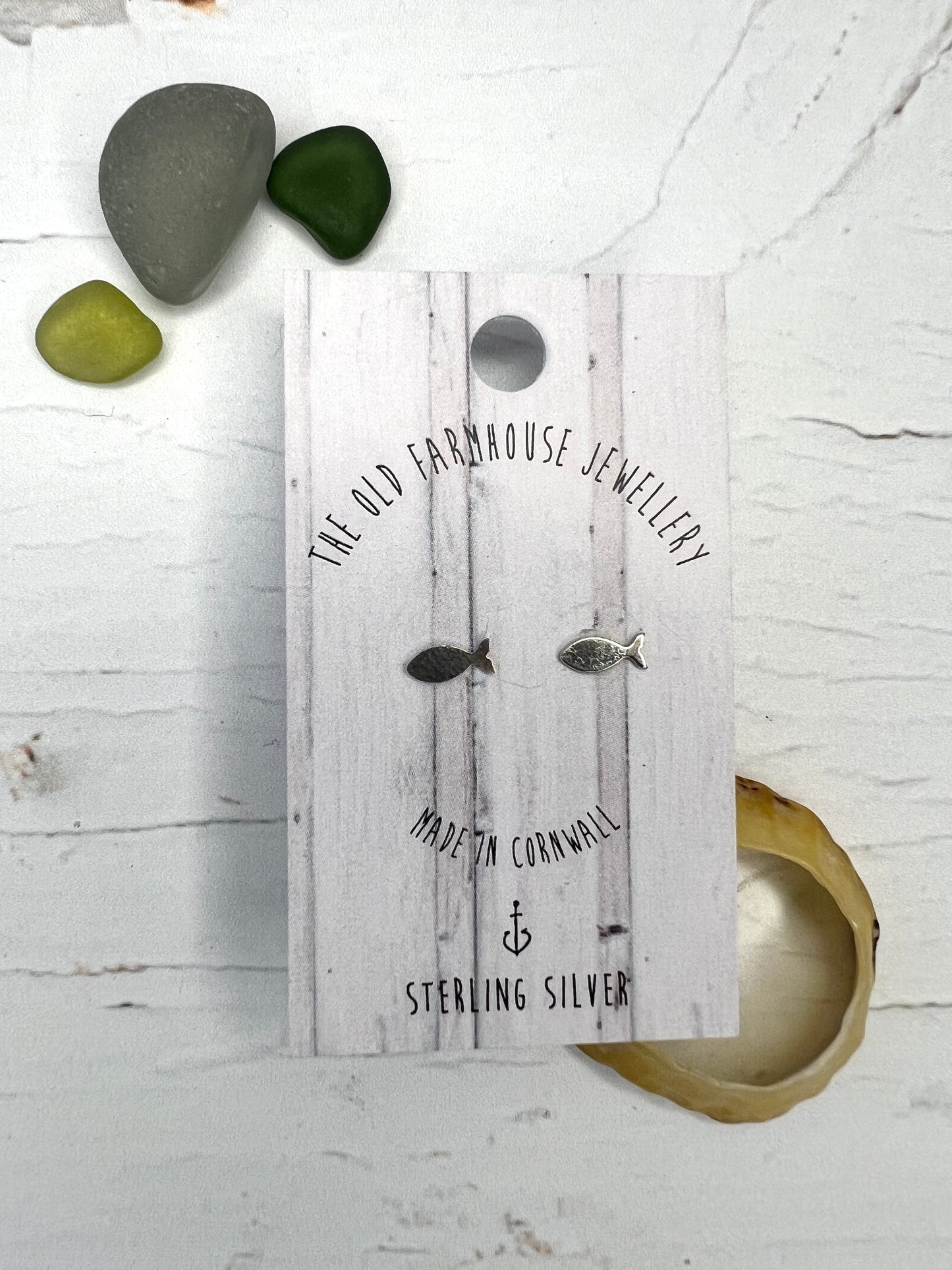 mini fish sterling silver stud earrings tiny sea life shape, handmade cornwall jewelry minimalist accessory, ocean lover gift