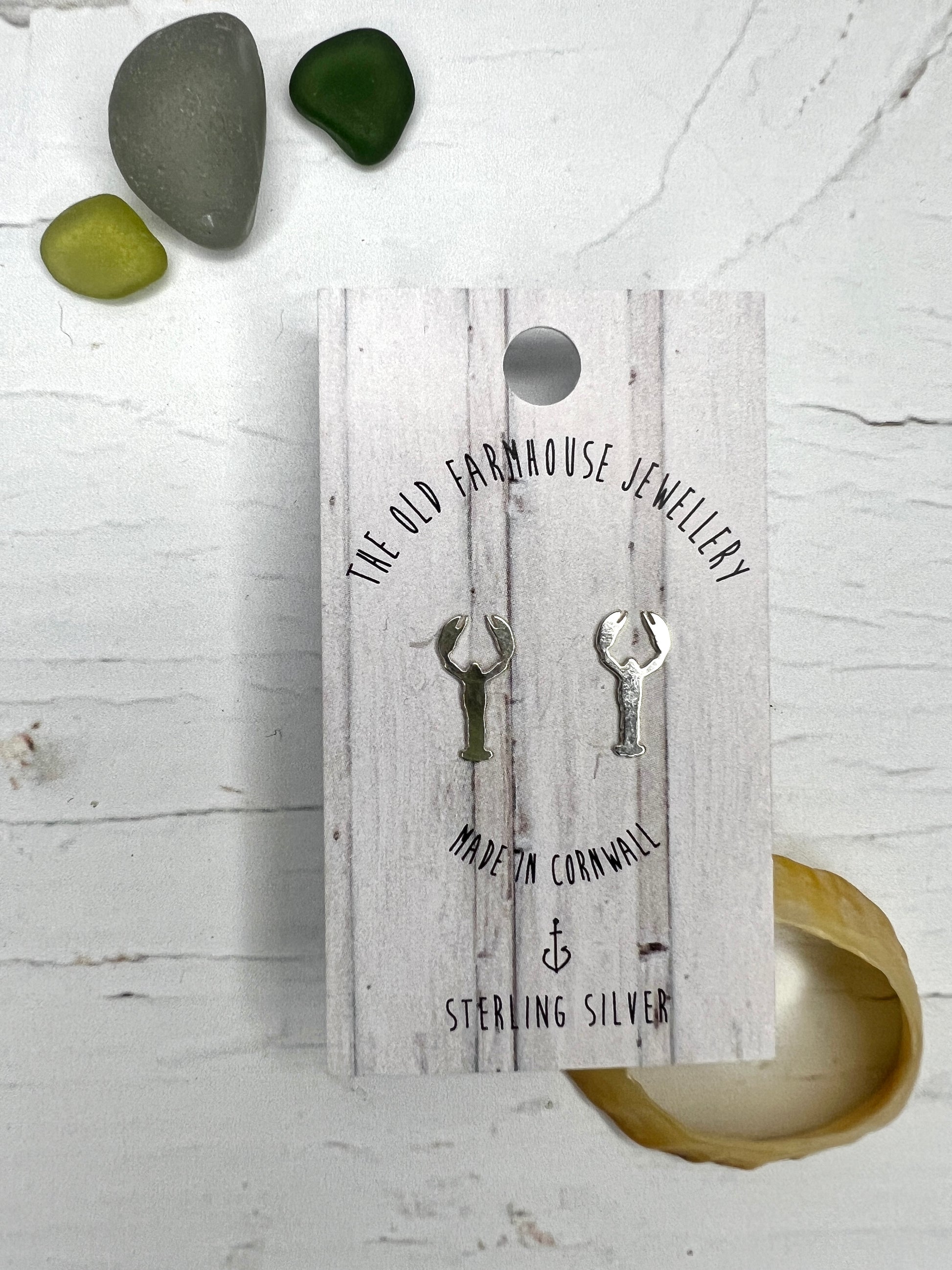 sterling silver tiny lobster stud earrings ocean jewelry, seafood lover gift cute, minimalist, made in cornwall