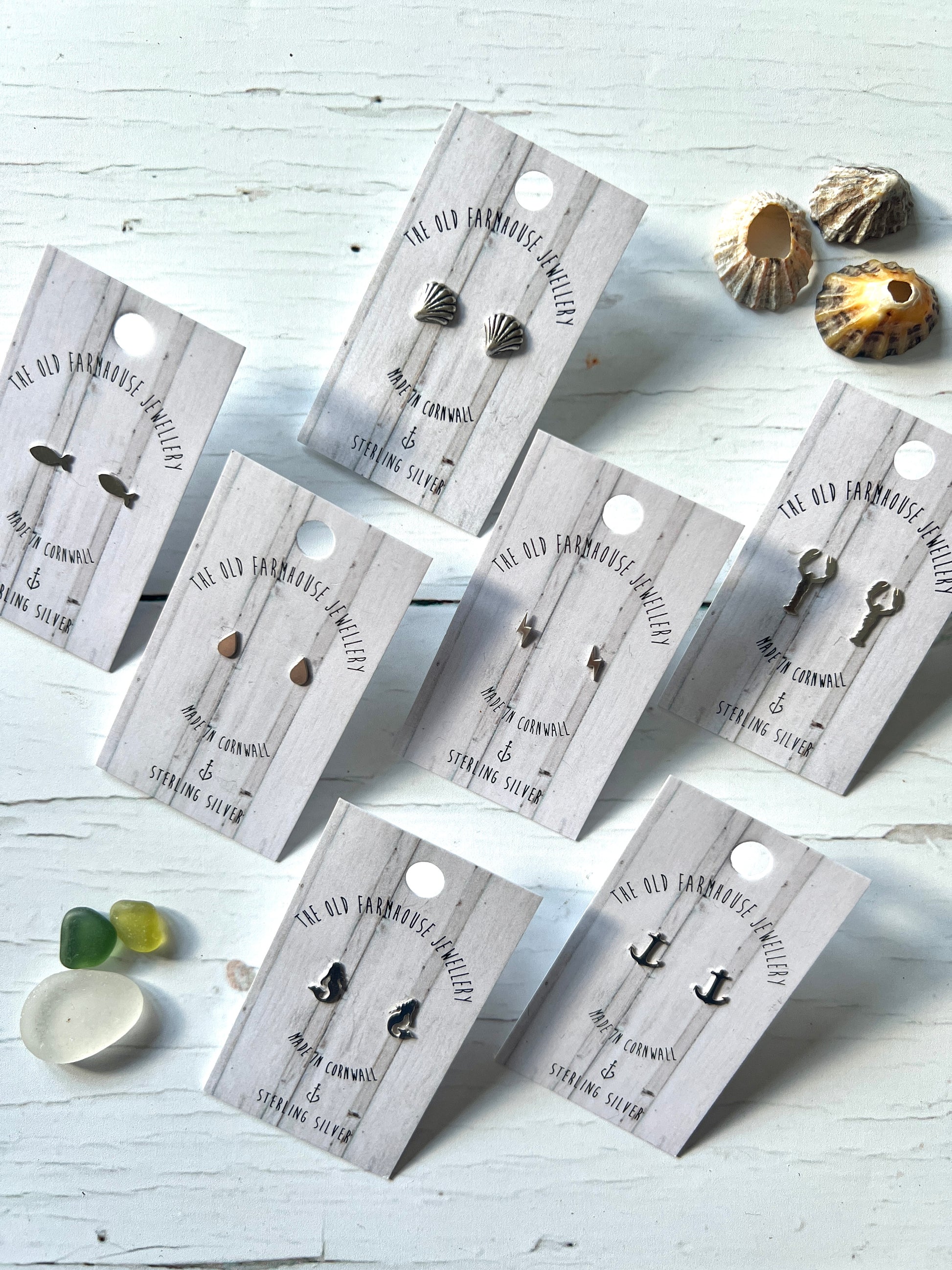 mini sterling silver stud earrings - sea life, anchor, key, tiny geometric shapes handmade cornwall jewelry unique gift
