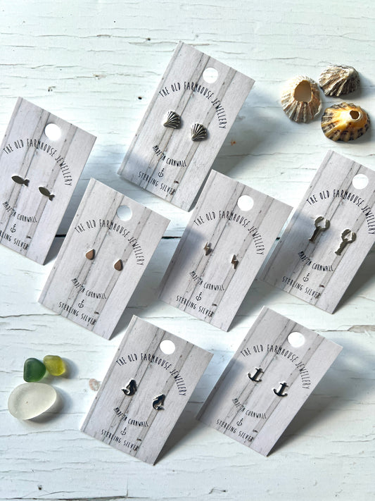 mini sterling silver stud earrings - sea life, anchor, key, tiny geometric shapes handmade cornwall jewelry unique gift