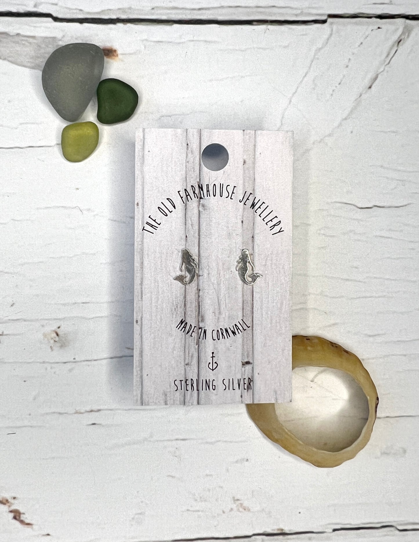 mermaid sterling silver stud earrings tiny sea life shape, handmade Cornwall jewelry unique gift for women/girls