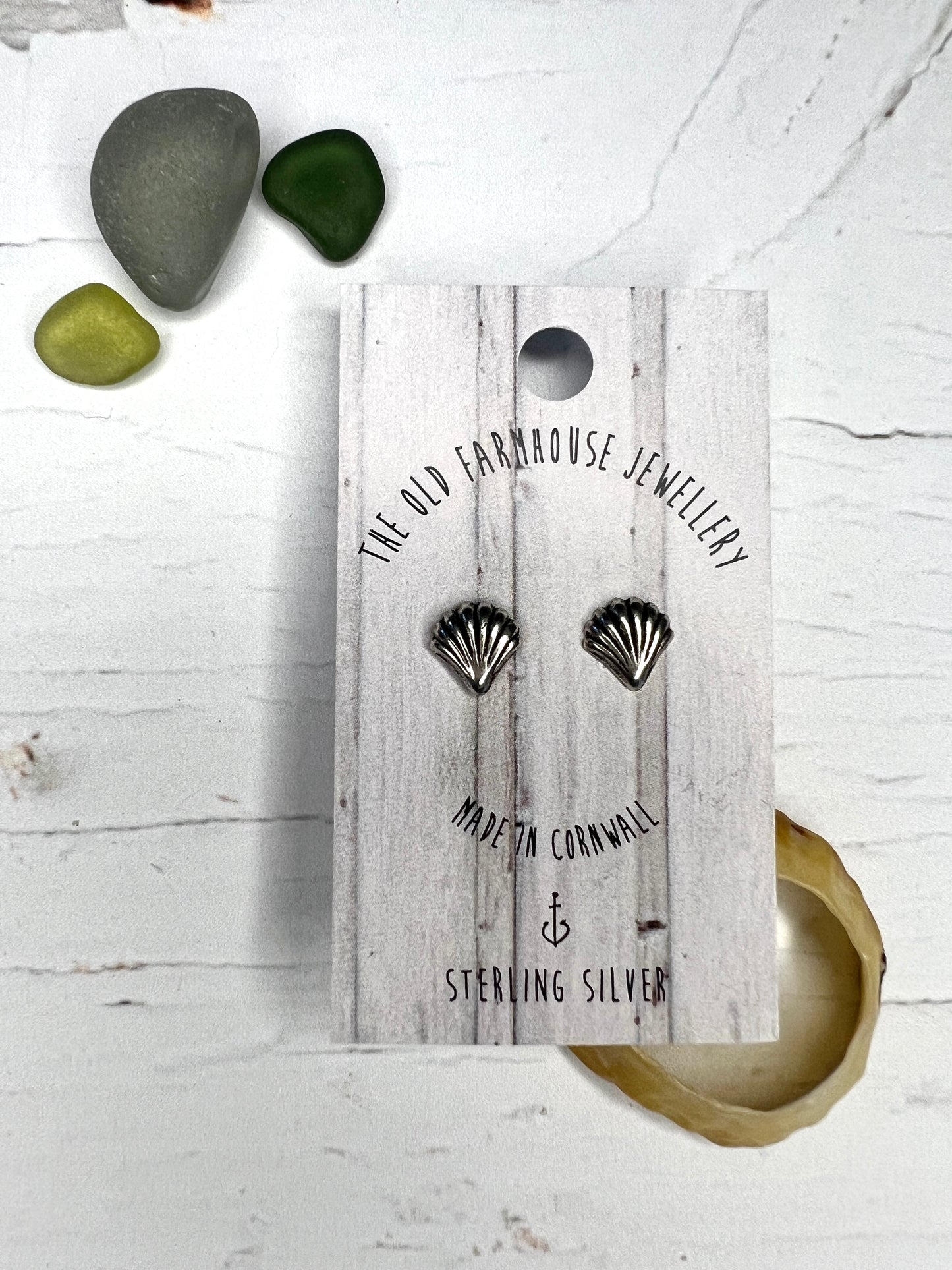 sterling silver scallop shell stud earrings ocean-themed, tiny, delicate, handmade cornwall jewelry great beach gift