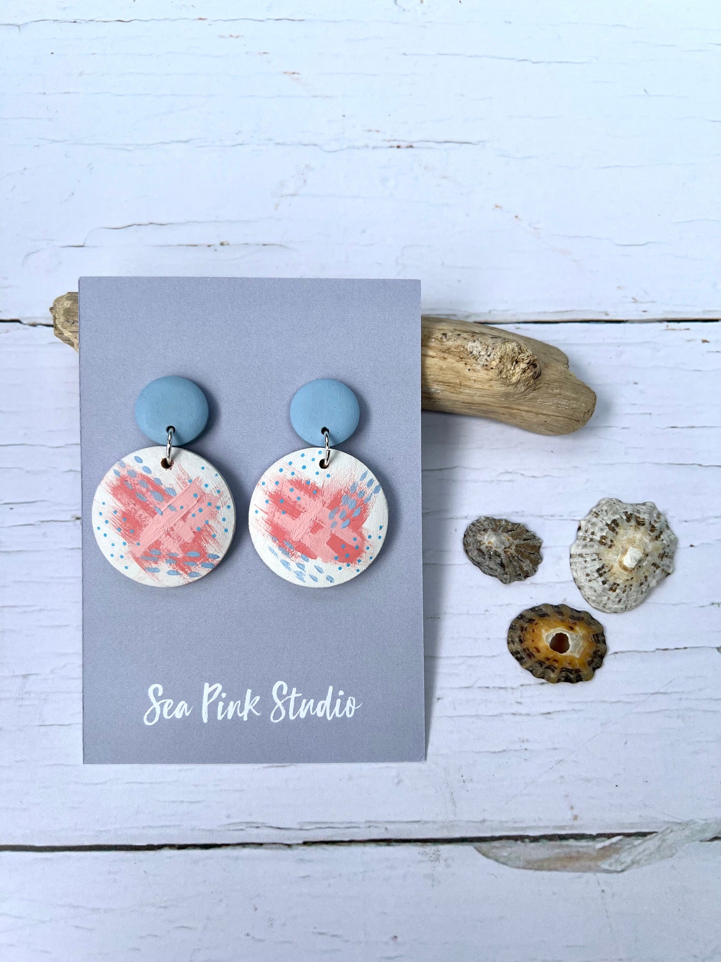 Handpainted blue, pink & white wooden bead earrings