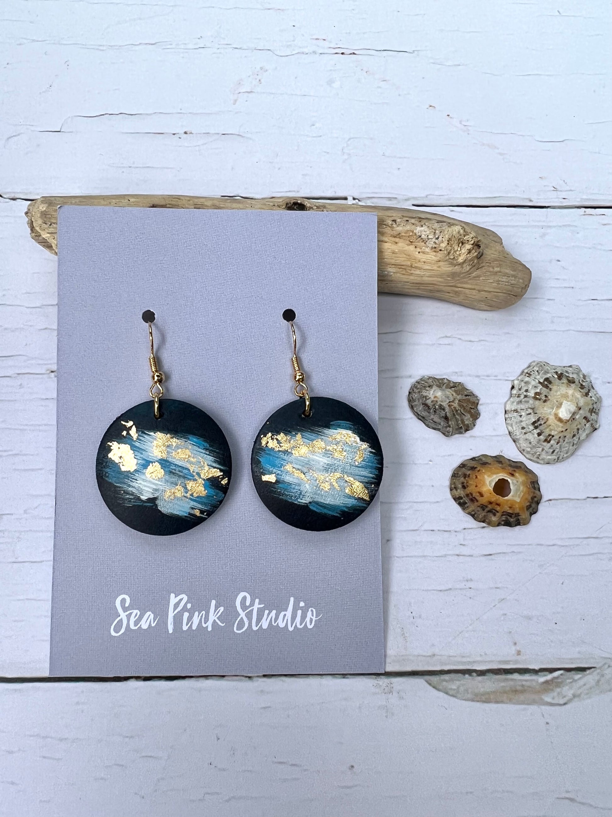 Handpainted wooden blue & gold leaf earrings