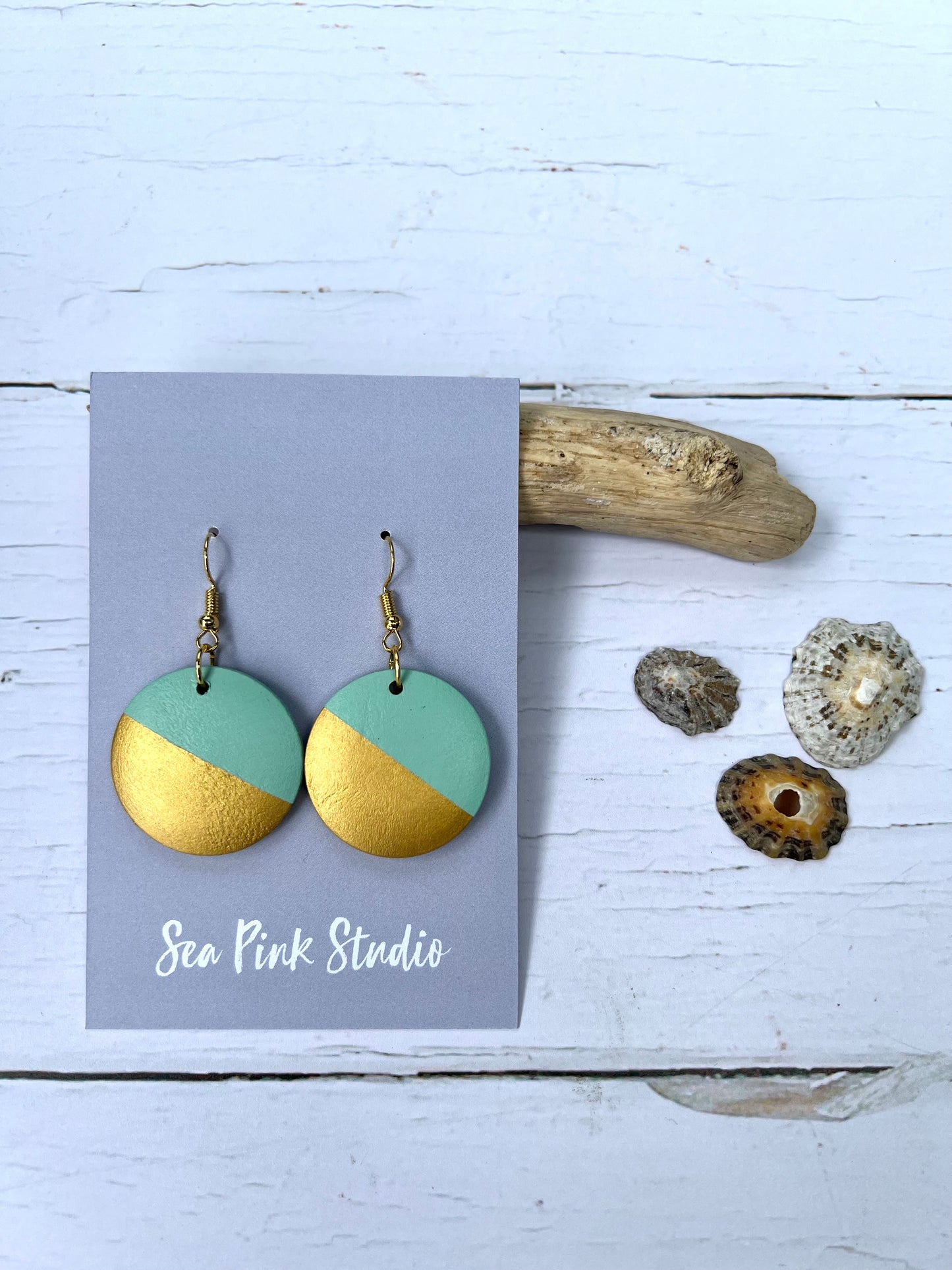 Handpainted mint and gold wooden bead earrings