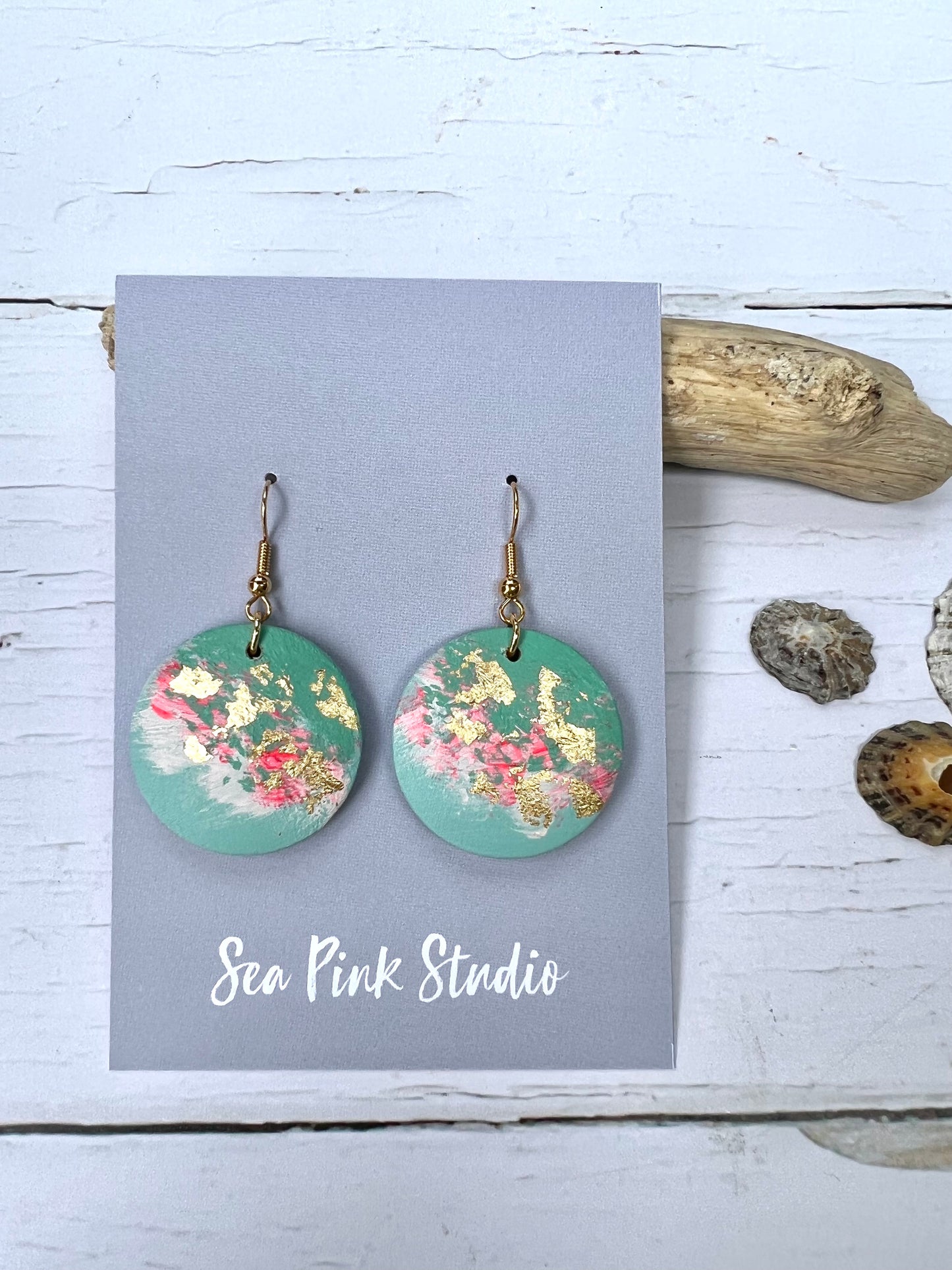 Handpainted pink, mint and gold leaf wooden bead earrings