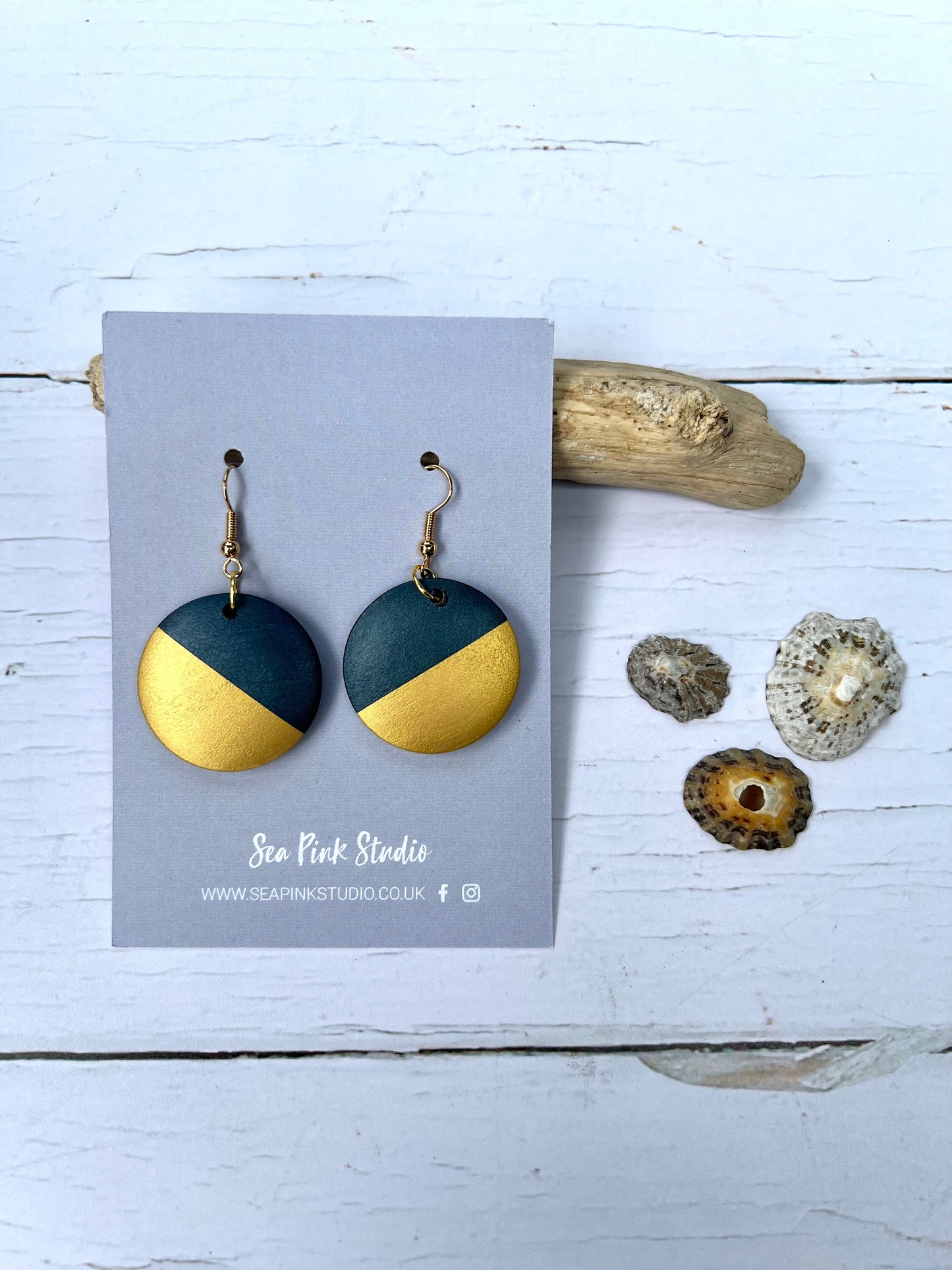 Handpainted navy & gold dip wooden bead earrings