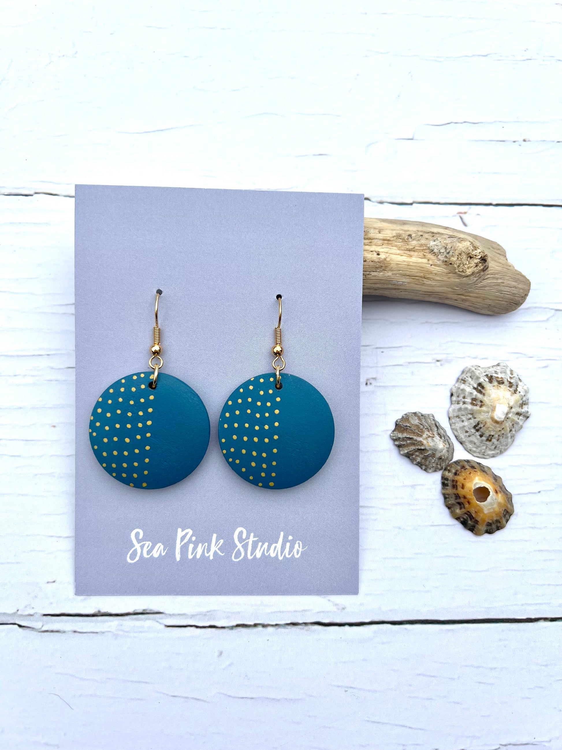 Blue and gold handpainted wooden bead earrings