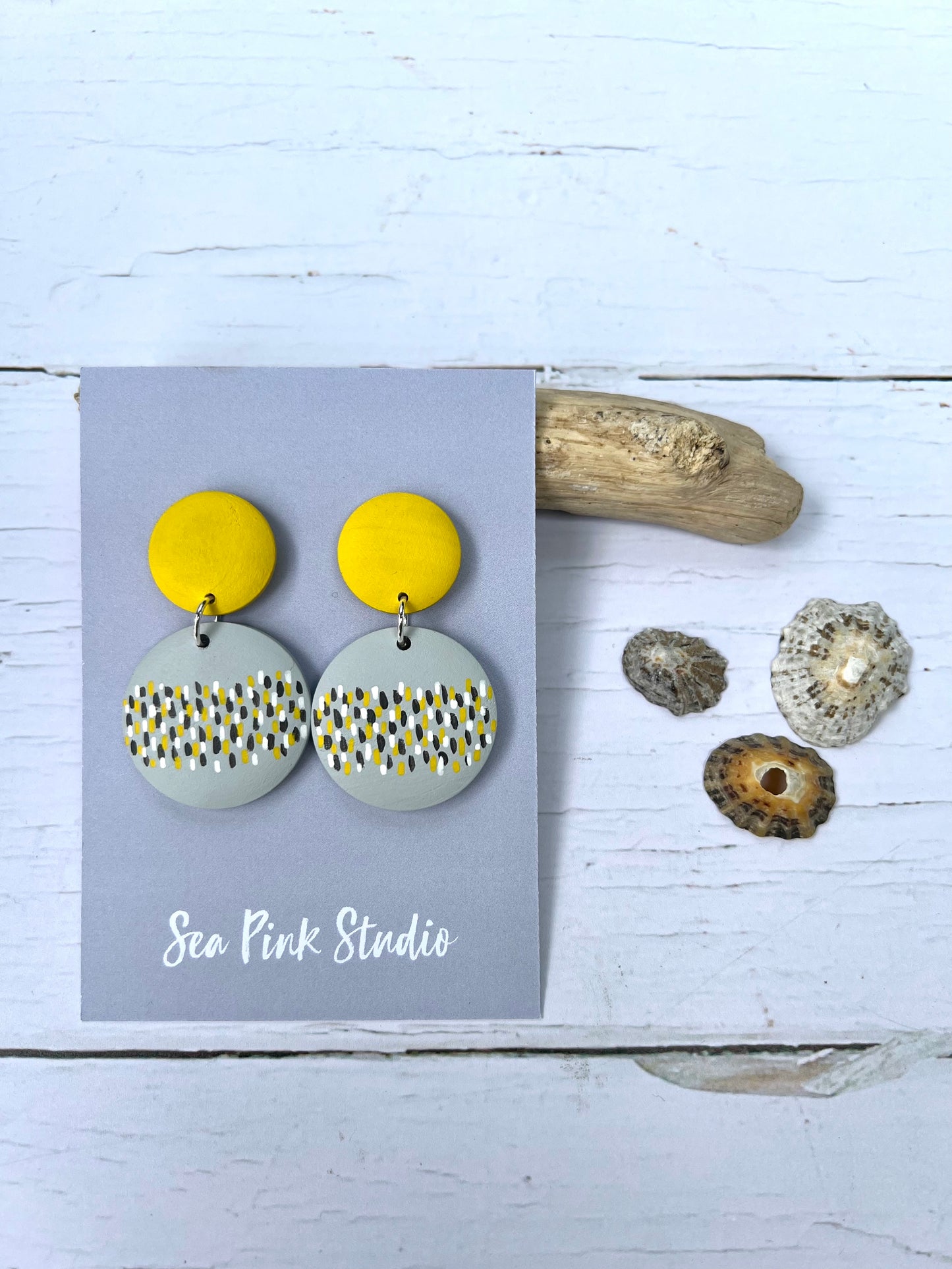 Handpainted grey & yellow wooden bead earrings