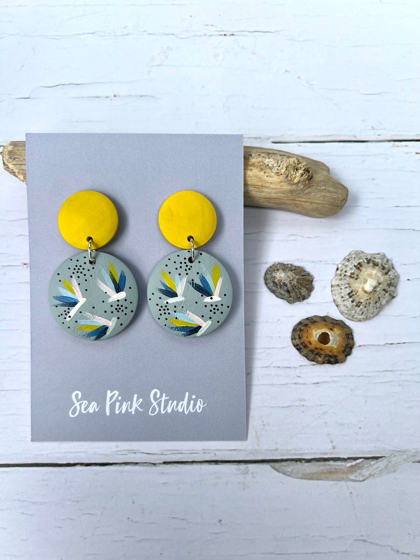 Handpainted abstract yellow & grey wooden bead earrings